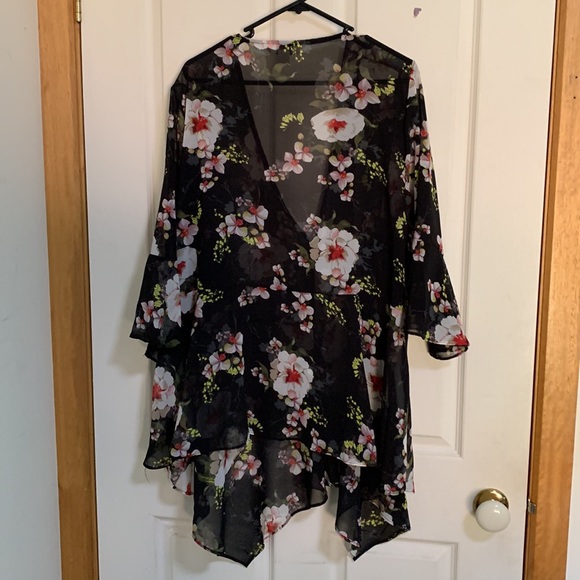 BEME BLACK FLORAL TIE 3/4 SLEEVE FLARE CUFF TIE COVER UP SHIRT SIZE 20 - Picture 5 of 9